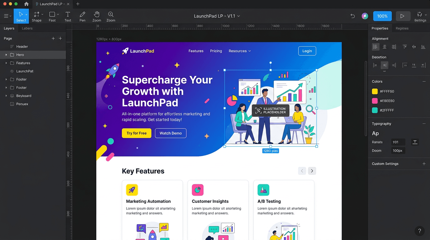 Live canvas preview showing a landing page design